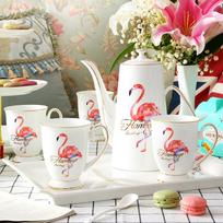 Porcelianinis arbatos rinkinys, Flamingo arbatos puodo ir puodelių rinkinys, Keraminiai indai gerti arbatą, kavą ir vandenį, Popietinės arbatos vakarėlio vestuvinės dovanos Flamingo 2 cups+1 pot