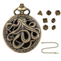 Mini DND kauliukų rinkinys Daugiakampis kauliukas su grandine „Steampunk Gear Octopus Pocket Watch“ kauliukų rinkinys bronza