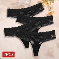 4 vnt./rinkinys Seksualūs nėriniuoti moteriški stringai, kvėpuojantys, žemu liemeniu, gėlėti, moteriškų kelnaičių rinkiniai, vienspalviai G-stringai, moteriški apatiniai, apatinis trikotažas M&4pcs