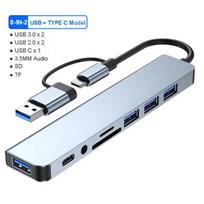 8 in 2 USB C šakotuvas USB 3.0 Type C dokas 5Gbps didelės spartos perdavimas USB skirstytuvas Type C į USB OTG adapteris 8 in 2 gray