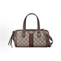 Gucci Ophidia Boston krepšys su senovinio gėlių logotipu ir dryžuota juosta iš drobės Basic+Dust Bag ruda