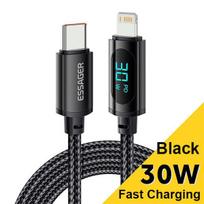 Essager USB tipo C laidas, skirtas iPhone 14 13 12 11 Pro Max XS Xr PD 30W greito įkrovimo įkroviklis Lightning Wire laidas skirtas iPad Macbook 1m juoda