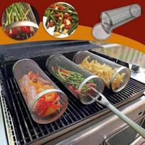 Nerūdijančio plieno grilis Daugiafunkcis skrudintuvas, sukamasis cilindrinis krepšelis, nešiojamas tinklelis, besisukantis BBQ narvelinė orkaitė Namų kepsninės priedai 20cm sidabras