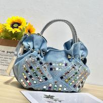 Korėjietiška mini rankinė per petį, džinsinio audinio drobės rankinė su kalnų krištolu, madinga moteriška kasdienio stiliaus rankinė per petį šviesiai mėlyna spalva