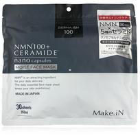NMN 100 CERAMIDE Drėkinantis veidas 30 lapelių Keramidinis drėkinamasis odos priežiūros produktas Pagaminta Japonijoje Lapelių pakuotė x Make.iN + Kaukė, Kaukė, (1 [30 1]) balta