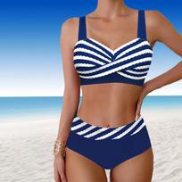 Moteriški maudymosi kostiumėliai Tankini 2 dalių maudymosi kostiumėlis, mėlynas dryžuotas linijas spausdinti atostogų maudymosi kostiumėliai S mėlyna