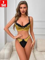 Julexy Seksualus Nėrinių Apatinio Trikotažo Rinkinys Moterims Su Push-Up Liemenėlė ir Kelnaitės Tuščiaviduris Intymus Reguliuojamas Liemenėlė Kelnaitės 85B geltona