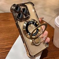 Prabangus skaidrus dėklas-stovas iPhone 16 Pro Max, dengtas rėmas, telefono dėklas iPhone 11 12 13 14 15 16 Pro Plus, objektyvo apsauginis dangtelis iPhone 14 auksas