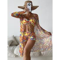 Moteriškas maudymosi kostiumėlis, atskiras, trijų dalių, aukštu liemeniu, ilgomis rankovėmis, maudymosi drabužiai, seksualus bikinis XL geltona