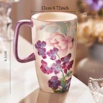600 ml Kavos Keraminis Puodelis su Dangteliu Gėlių Puodelis Didelės talpos Porcelianinis Arbatos Puodelis su Rankena, Namams ir Biurui, 1 vnt. cotton rose