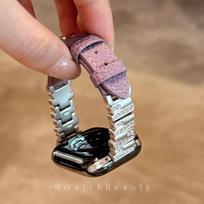Compatible with Apple Watch S11/10: Rhinestone-Studded Metal & Lychee Pattern Leather Wristband Strap. 45mm (Series 7-9)