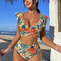 Moteriški Retro Print Vasariniai Push Up maudymosi kostiumėliai aukštu juosmeniu Bikinio rinkinys Maudymosi kostiumėlis Paplūdimio drabužiai Moteriškas šventinis maudymosi kostiumėlis, plaukimas S geltona