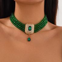 Palace Style Crystal Beaded Choker with Retro Square Gem Design