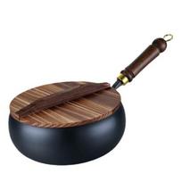 Ketaus Wok Tradicinis Rankų Darbo Ketaus Puodas Dideliu Pilvu Keptuvė Nelipnus Neapdorotas Buitinis Wok su Medine Rankena 24cm