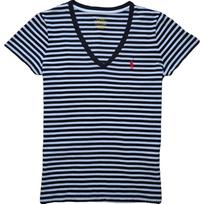 Polo Ralph Lauren Dryžuoti Logotipo Siuvinėti V formos iškirptės Trumparankoviai Marškinėliai Moteriški Marškinėliai Juodi Balti 211698035-045 XL