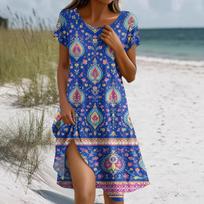 Boho suknelė trumpomis rankovėmis moterims, laisvalaikio laisvalaikio vasarinė suknelė su gėlėmis raštu su kišenėmis XXL