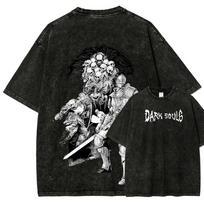 2026 Classic Action Role-playing Game Dark Souls Peripherals Print T Shirt Street Harajuku Men Women Retro Washed Cotton Oversize Top L smėlis