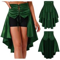 S-3XL Women's Steampunk Lace-up Skirt: High-low Hem Tiered Ruffled Irregular Satiny Style with Front Eyelets & Waist Belt S tamsiai mėlyna spalva