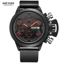 Megir Fashion vyriška silikoninė apyrankė Sportinė kvarcinė rankinė laikrodžiai Analoginis ekranas Chronograph Juodas laikrodis vyrui su 2002 m. kalendoriumi juoda