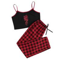 Madingi pižamų rinkiniai Sexy Sling Dragon Animal Print Plaid Print Miego trikotažas Apatiniai apatiniai Moteriški namų drabužiai Vasarinė pižama XL raudona