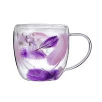 Dvigubos sienelės stiklinis kavos puodelis 250/350 ml plunksnų dizaino puodelis su rankena, izoliuota nuo nuplikimo, patogi rankena 350ml