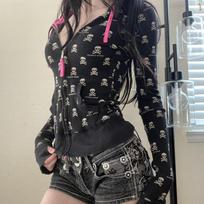 VAYLA Punk gobtuvas Y2k drabužiai Karštos merginos lieknas su užtrauktuku gobtuvinis megztinis Paltai Streetwear Gotikinis plonas švarkas Gotikinis Harajuku Vintažiniai viršutiniai drabužiai S juoda
