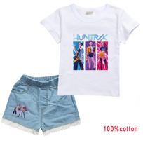 Kids Girls Anime Cartoon Super Star Rumi Zoey Mira POP Singer Printing Cotton Short Sleeves T-shirt Jeans Shorts Clothes Set 100cm balta