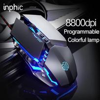 INPHIC W2 Žaidimų pelė Tylus paspaudimas USB Optinė laidinė pelė 4800DPI Ergonomiška pelė 6 Programuojami mygtukai RGB kvėpuojantis LED PC 14x9x6cm pilka