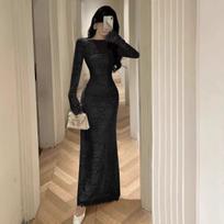 Horn Sleeve Lace Dress with High-end Feel Slim Fit and Waist Cinching Long Skirt S juoda