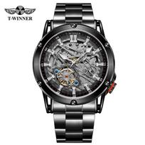 Prabangus vyriškas laikrodis iš nerūdijančio plieno, skeletas, turbijonas, automatinis mechanizmas, mechaninis laikrodis juoda