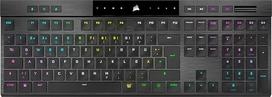 "Corsair K100 Air" belaidė RGB mechaninė žaidimų klaviatūra, itin plona, "Slipstream" belaidis ryšys po 1 ms, "Bluetooth", "Cherry MX" itin žemo profilio klavišų jungikliai, vokiškas "Qwertz" išdėstymas, juoda