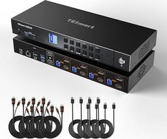 "TESmart Displayport HDMI KVM" jungiklis 4 PC 2 monitoriams, HDMI 2.1 ir DP 1.4 KVM jungiklis, du monitoriai 8K@60Hz 4K@144Hz, USB 3.0 dokas, Gigabit LAN, valdymas karštaisiais klavišais, EDID, VRR, 8 kabeliai, nauja 2025 m. versija