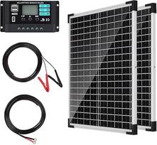 50 W saulės kolektorių 12 V rinkinys: 2 x 25 W monokristalinis fotovoltinis saulės modulis su 10 A įkrovimo valdikliu, 2 x ilgintuvu ir 2 x krokodilo spaustukais, skirtas stovyklavimui, karavanui, priekabai, valčiai