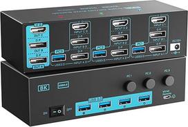 8K/4K KVM perjungiklis 3 kompiuteriai 3 monitoriai Trijų monitorių 3 prievadų 2 DisplayPort 1.4 ir HDMI 2.1 USB 3.0 KVM perjungikliai, DP 1.4 palaiko 8K@30Hz/4K@144Hz, HDMI palaiko 8K@60Hz /4K@120Hz su laidiniu nuotolinio valdymo pultu
