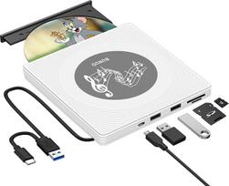 BUNUD išorinis DVD diskas, CD diskas Išorinis USB 3.0 CD DVD +/- RW įrašymo įrenginys su 2 USB SD/TF prievadais, USB C išorinis CD diskas, skirtas "Apple", nešiojamiesiems kompiuteriams, "Windows 11", "MacBook", "Mac