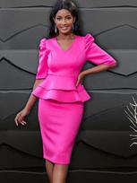 ONTINVA Fuksijos spalvos suknelės moterims V kaklo Puff pusrankovėmis Empire Peplum Ruffles Midi Biuro darbo vakaro apranga 3XL 4XL 4XL ryškiai rožinė