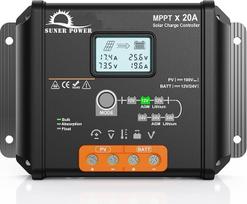 SUNER POWER MPPT Solarladeregler, 20 A, 12 V, 24 V, LCD ekranas, 20 A Solarmodul-Laderegler mit Temperatursensor für 12 Volt 24 Volt Blei-Säure, AGM, Gel, überflutete und Lithium-LiFePO4-Batterie