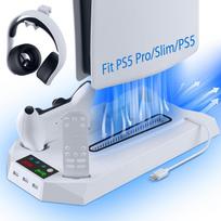 PS5/Slim/Pro konsolės vėsinimo ir įkrovimo stovas su dvifunkciniu ventiliatoriaus pagrindu balta