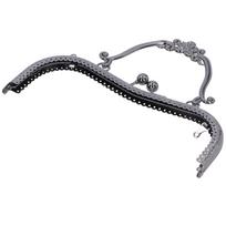 Metalinis rankinės rėmelis su užsegimu-bučiniu Retro raižyta rankena Metalinės detalės 20,5 cm Pistoletas pilkas