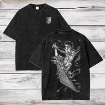 Attack on Titan Levi Ackerman Laikraščio Stiliaus Vintažiniai Išplauti Oversized Marškinėliai | Unisex Anime Gatvės Aprangos Marškinėliai L