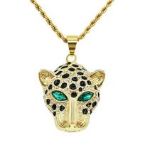 Europietiško hiphopo trimatis deimantais inkrustuotas žaliaakio leopardo galvos pakabukas vėrinys mados mėgėjui personalizuoti pakabuko aksesuarai pakabukai