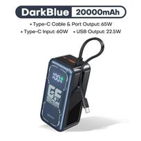 QOOVI 20000mAh Power Bank PD 65W Greitas įkrovimas Integruotas laidas Išorinė didelė baterija Nešiojamas įkroviklis iPhone Samsung Xiaomi mėlyna