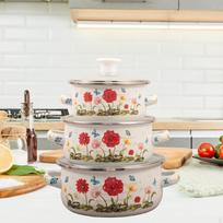 3 emaliuoti puodai su dangčiais, nešiojami, skirti gaminti maistą, dovana, valgymui, indukcinėms viryklėms, dujinėms viryklėms ir Red Flower
