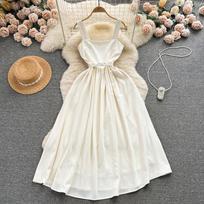 Prašmatni, seksuali, keturkampio kaklo suknelė su aukštu liemeniu, laisvalaikio formos A formos suknelė Vasaros paplūdimio atostogoms „Vestidos“ moteriškas „Boho“ saulės suknelė S abrikosas