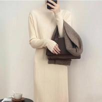 Autumn Winter New Solid Color Half High Collar Long Sleeve Fashion Knitted Dress Women High Street Casual Dresses Elegant Robe One size abrikosas