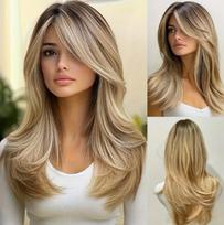 Moterų madingi ilgi banguoti perukai, balayage šviesūs, su vidurine dalimi ir kirpčiukais užuolaidėlėmis, aukštos temperatūros pluošto sintetiniai plaukų priauginimai auksinė