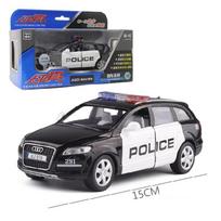 1/32 skalės Q7 dyzelinis variklis, lydinio policijos automobilio modelis, transporto priemonė, atitraukta atgal, atidarytos 4 durys, garsas ir šviesa, vaikiškas žaislas 1/32-Size:16*6.5*6cm juoda