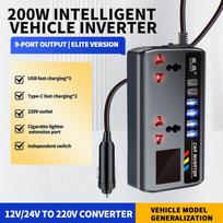 USB/Type-C įkrovikliai Nešiojamas transformatorius Maitinimo lizdas Įtampos aptikimas 200 W maitinimo adapteris Automobilinis keitiklis 12V/24V į 220V keitiklis Skaitmeninis ekranas Type A