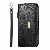 Gėlėtas odinis dėklas-piniginė Xiaomi 14T Pro/C71/Redmi 13/14C/Note13/A5... Vintažinis viskas viename kortelių laikiklis su stoveliu, magnetiniu užsegimu ir riešo dirželiu Redmi 13 (4G) juoda