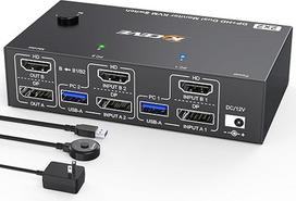 4K @ 144Hz HDMI Displayport KVM jungiklis 2 PC 2 monitoriai 8K @ 60Hz, MLEEDA USB 3.0 dviejų monitorių KVM jungikliai 2 kompiuteriams dalytis 2 monitoriais ir 4 USB prievadais, su staliniu valdikliu, 12 V maitinimo šaltiniu ir USB kabeliu